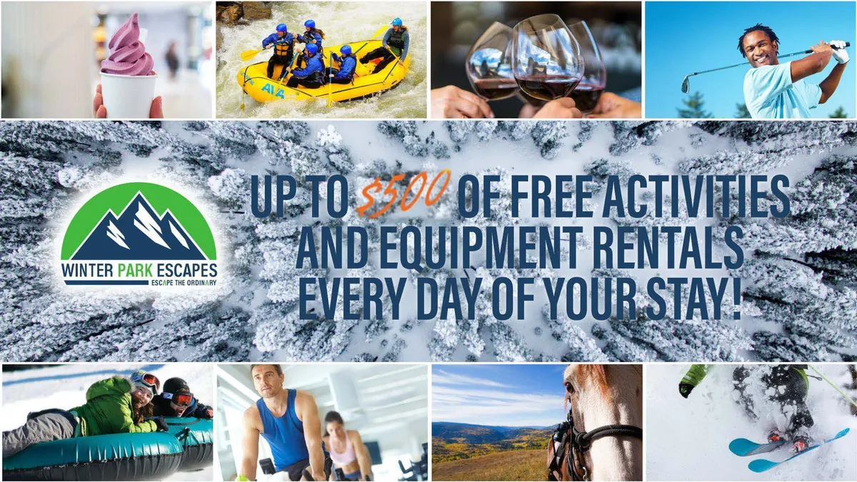 This interior image features a collage of mountain adventure scenes, including a group white-water rafting, a man golfing, skiers on the slopes, horseback riders, and wine glasses for après-adventure relaxation. The imagery evokes excitement and a spirit of adventure, tying directly into the concept of an 'adventure launchpad.'