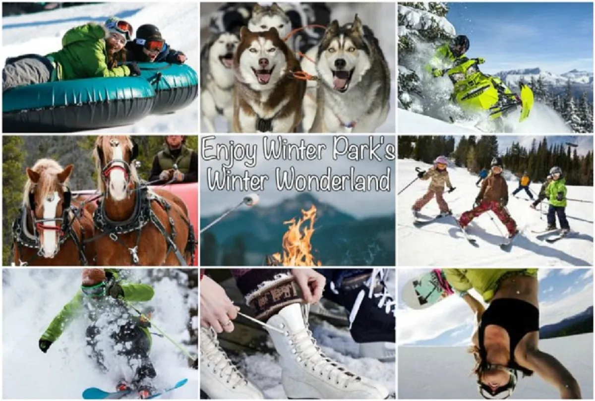 A lively winter tableau featuring people tubing, huskies for dog sledding, snowmobiles, a horse-drawn sleigh, a cozy campfire, children learning to ski, and a snowboarder carving down a slope. The scene is joyful and bustling with activity.