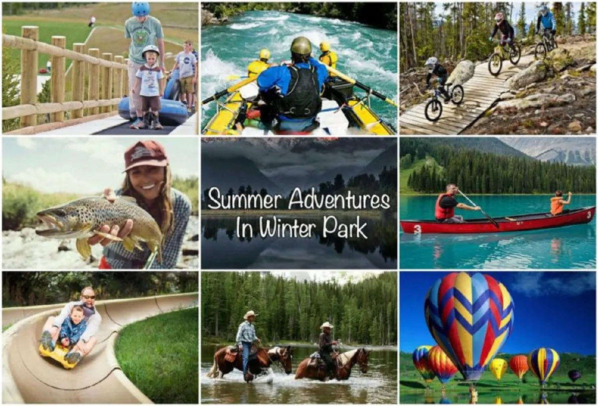 An energetic summer scene with families rafting down a river, biking on mountain trails, fishing, and children playing on a slide. Hot air balloons float in the distance, showcasing the diversity of summer adventures available.